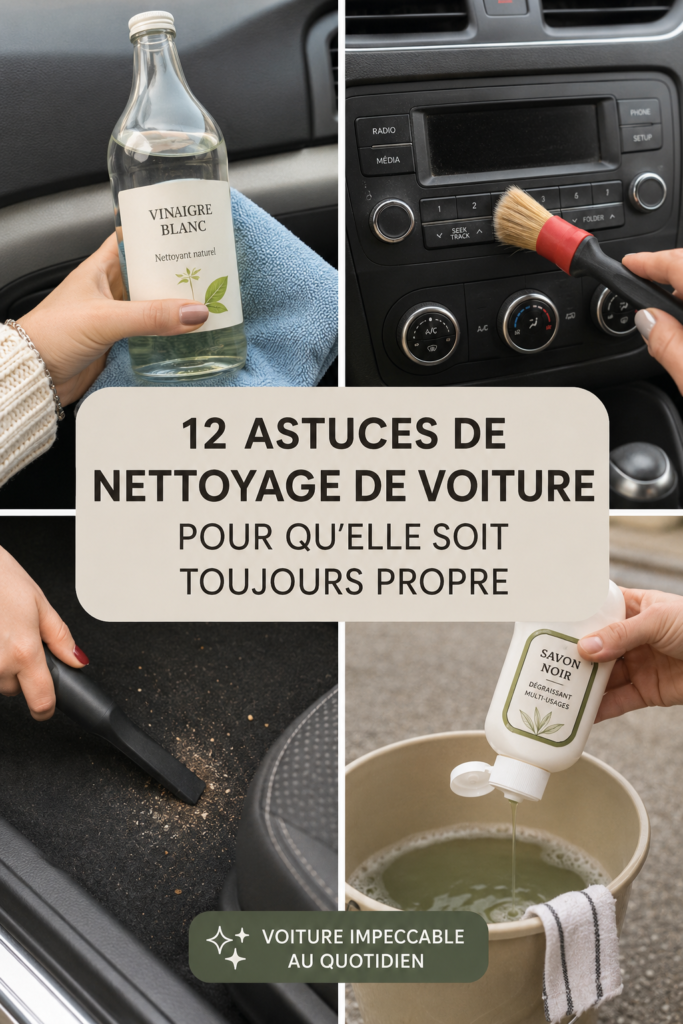 Une femme nettoie l'intérieur de sa voiture avec des produits écologiques.