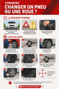 Femme changeant un pneu de voiture sur le bord de la route