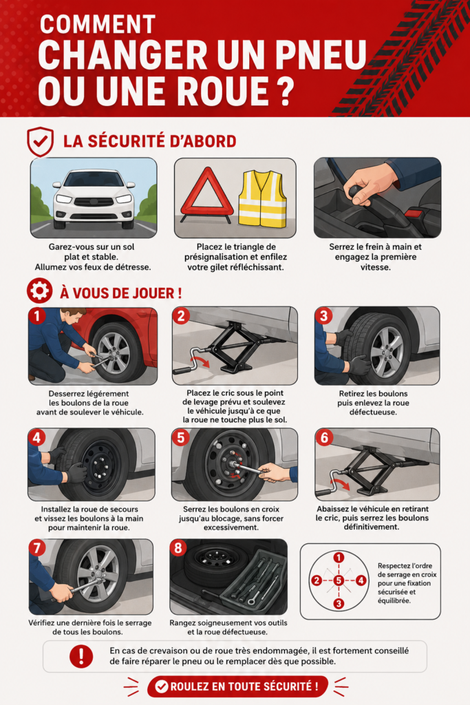 Femme changeant un pneu de voiture sur le bord de la route
