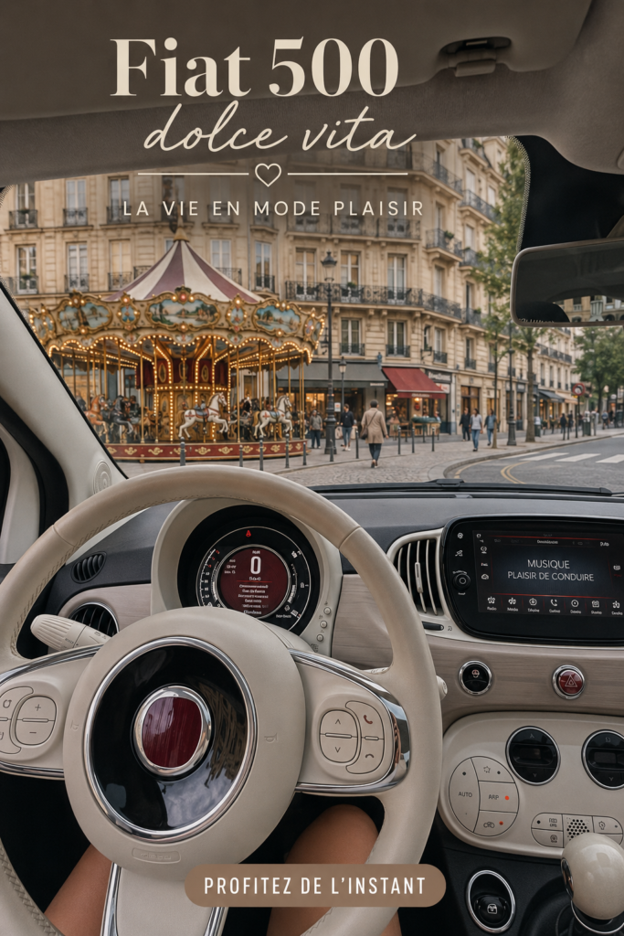 Fiat 500 Dolce Vita dans un cadre urbain élégant, mettant en avant ses lignes raffinées.
