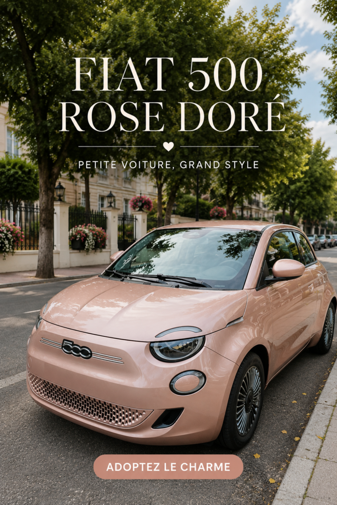 Une Fiat 500 rose gold garée dans une rue pittoresque, illuminée par le soleil
