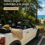 Mini convertible garée sur la plage avec des vagues en arrière-plan