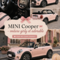 Une MINI Cooper rose garée devant un paysage urbain, stylée et féminine.