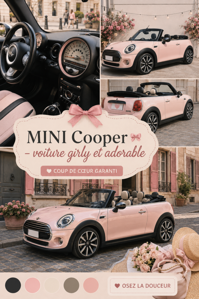 Une MINI Cooper rose garée devant un paysage urbain, stylée et féminine.