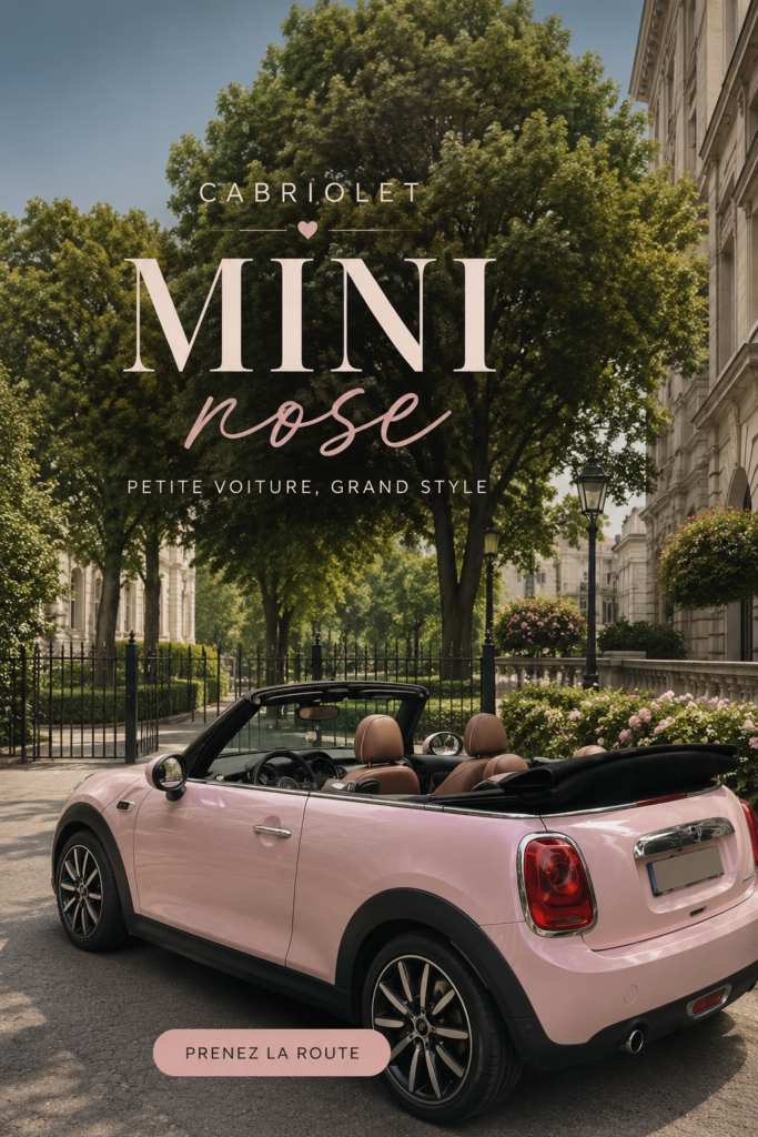 Mini décapotable rose brillante garée sur une route ensoleillée