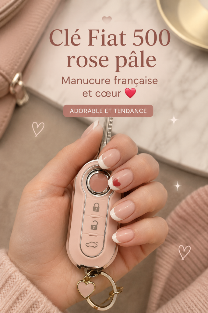 Des mains avec des ongles décorés dans le style P!nk à côté d'une Fiat 500 rose.