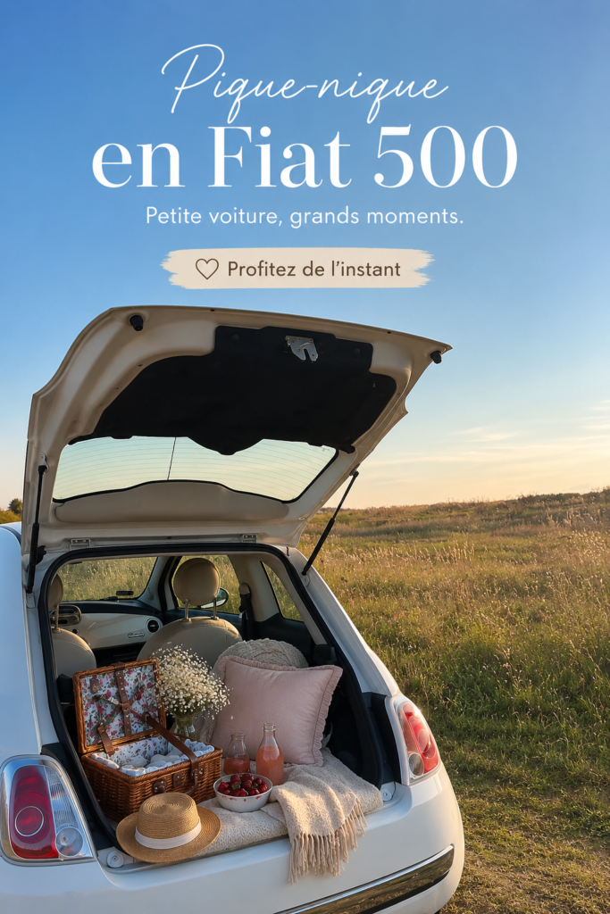 Une Fiat 500 prête pour un picnic en pleine nature.