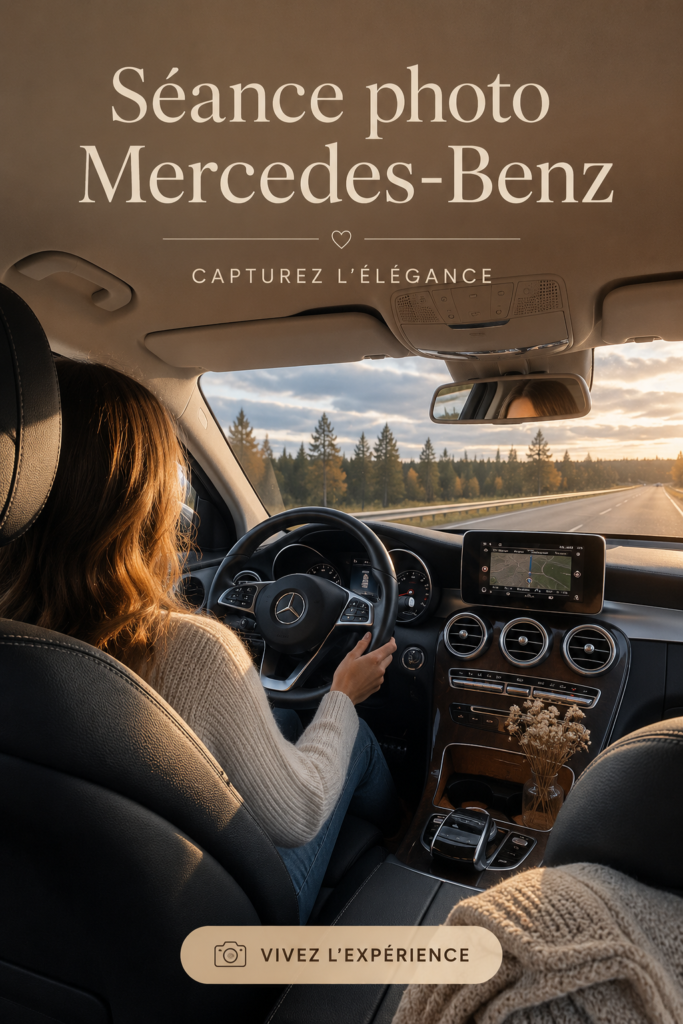 Shooting photo d'une voiture Mercedes-Benz sur une route pittoresque