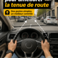 Une femme souriante conduisant un véhicule confortablement sur une route sinueuse.