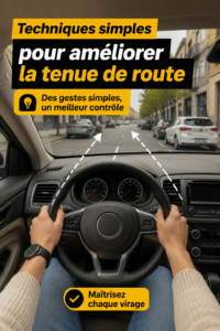 Une femme souriante conduisant un véhicule confortablement sur une route sinueuse.