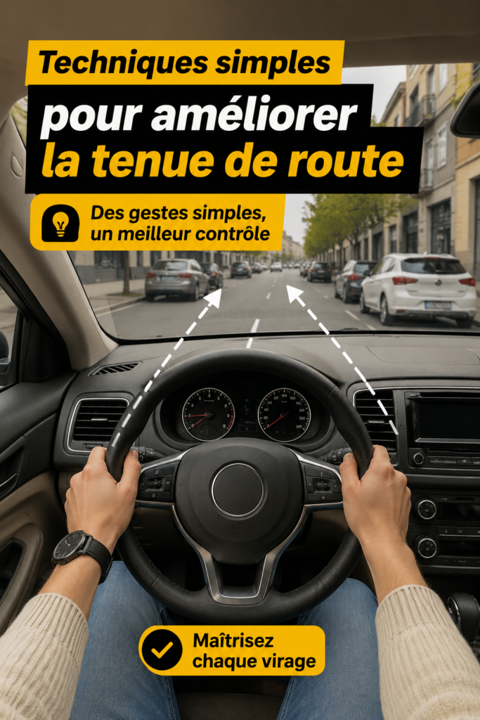 Une femme souriante conduisant un véhicule confortablement sur une route sinueuse.