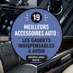 Accessoires auto modernes sur un tableau, incluant supports téléphoniques et gadgets de sécurité.