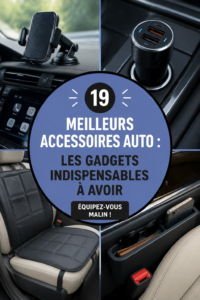 Accessoires auto modernes sur un tableau, incluant supports téléphoniques et gadgets de sécurité.