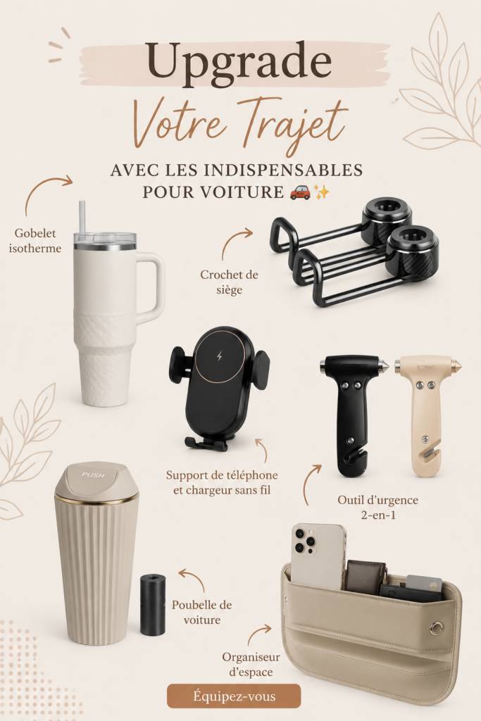 Femme heureuse dans sa voiture avec des accessoires améliorant le confort