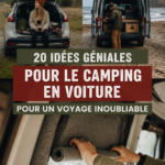 Un groupe de femmes se préparant pour un camping en voiture, souriantes et en pleine nature.