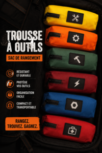 Bourse de rangement d'outils noire avec outils bien organisés