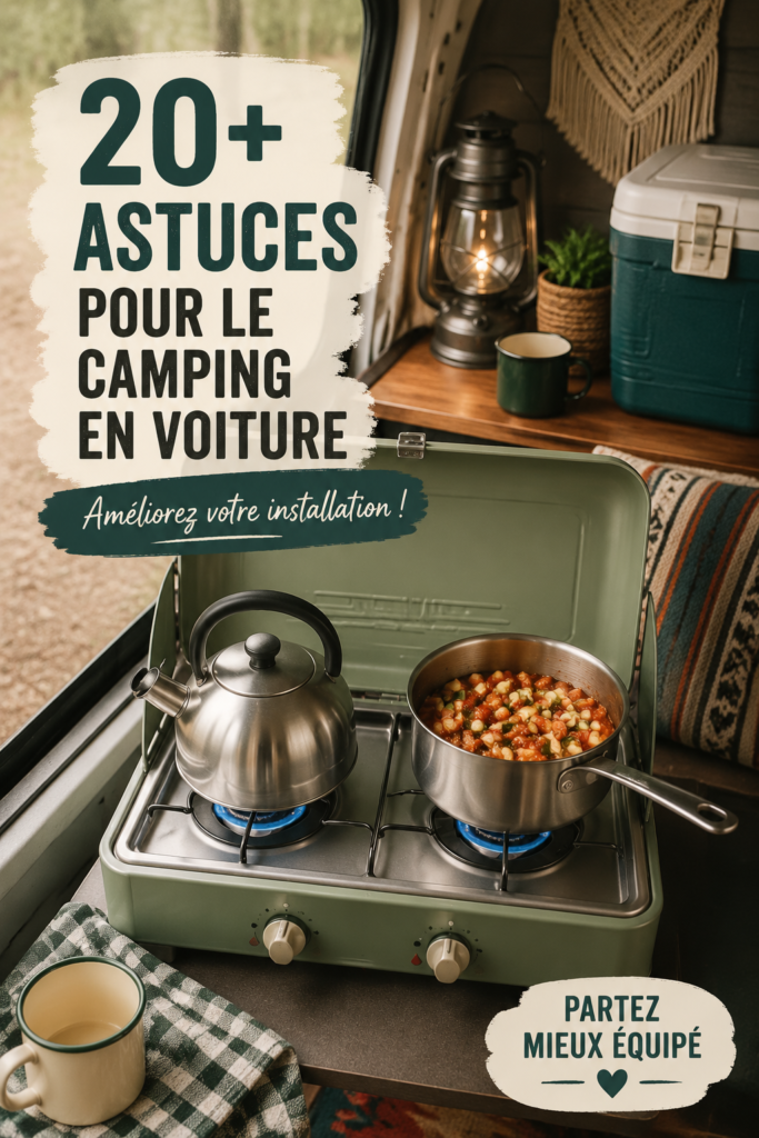 Une voiture garée dans la nature prête pour le camping, avec des équipements de plein air visibles.