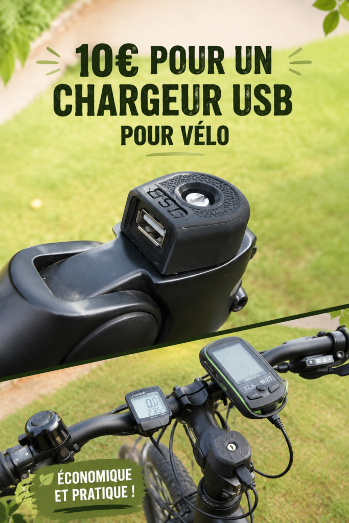 Chargeur USB installé sur un vélo, prêt à l'emploi.