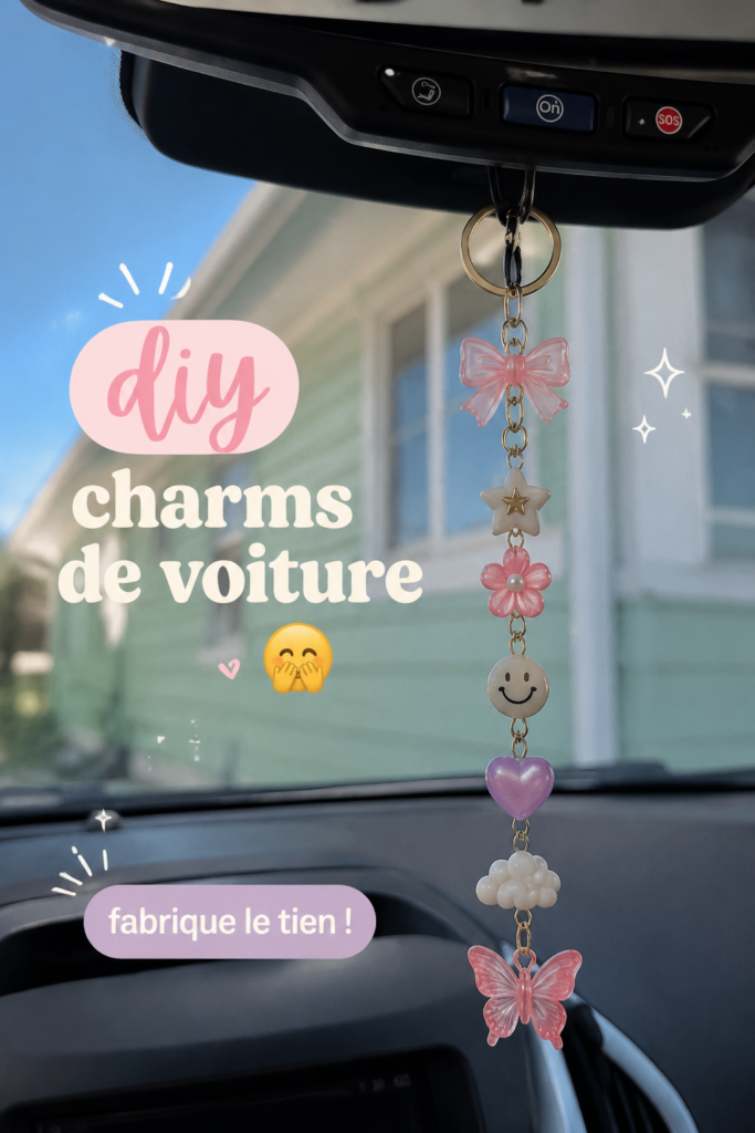 Charm DIY colorés suspendus dans une voiture, ajoutant une touche personnelle.