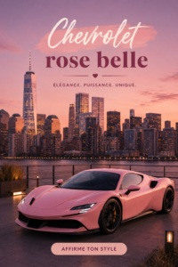 Chevrolet rose brillante garée sur une route ensoleillée, attirant tous les regards.