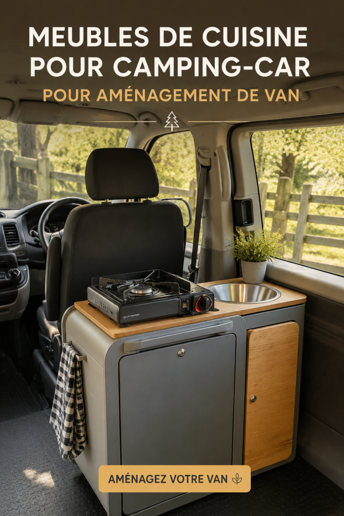 Cuisine aménagée dans un van avec des meubles fonctionnels et stylés