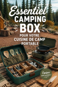 Matériel essentiel pour une cuisine de camping portable, incluant ustensiles et réchaud