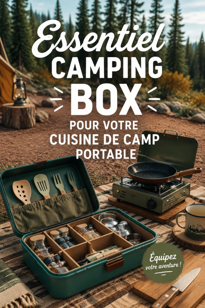 Matériel essentiel pour une cuisine de camping portable, incluant ustensiles et réchaud