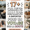 Un ensemble d'objets essentiels pour un road trip, incluant snacks, cartes et bouteille d'eau.