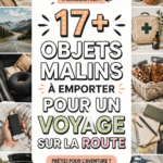 Un ensemble d'objets essentiels pour un road trip, incluant snacks, cartes et bouteille d'eau.