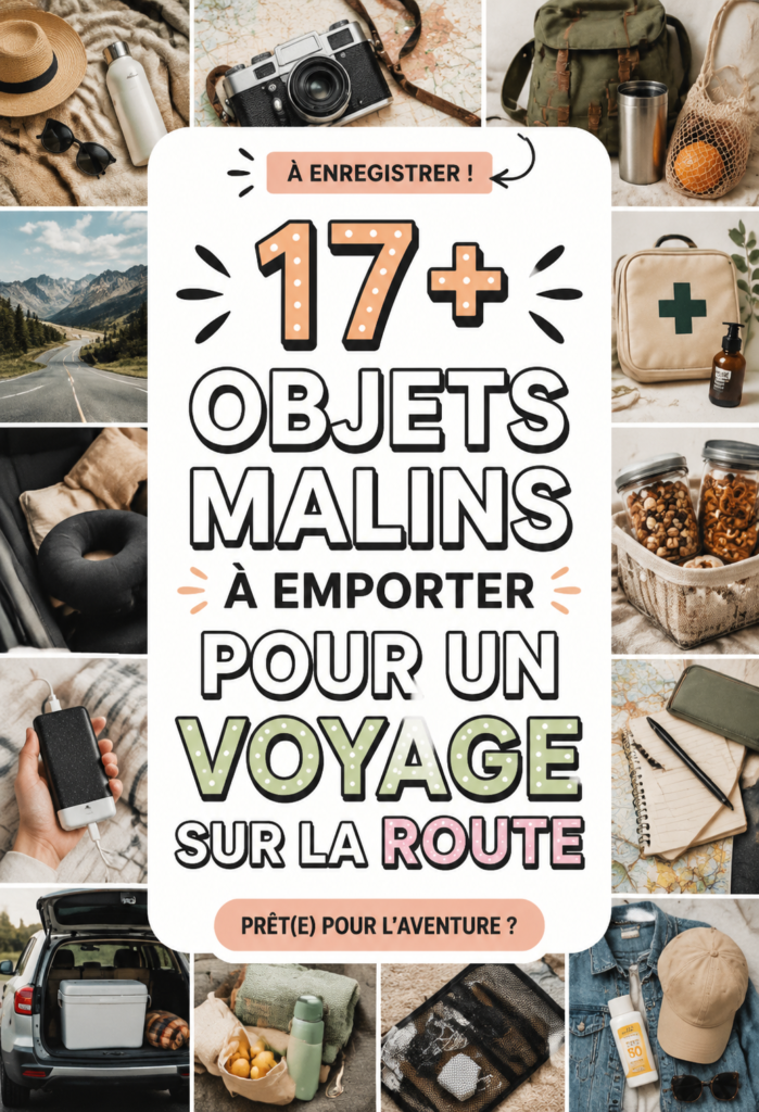 Un ensemble d'objets essentiels pour un road trip, incluant snacks, cartes et bouteille d'eau.
