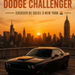 Fonds d'écran Dodge Challenger avec un coucher de soleil sur New York, mettant en valeur cette muscle car iconique.