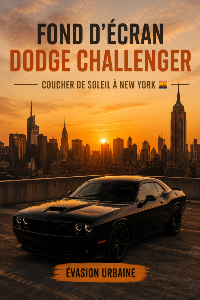 Fonds d'écran Dodge Challenger avec un coucher de soleil sur New York, mettant en valeur cette muscle car iconique.