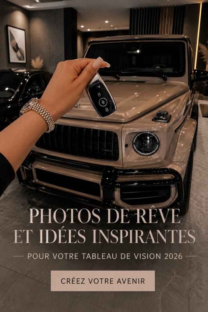Échantillon d'un vision board luxueux avec des images inspirantes pour 2026.