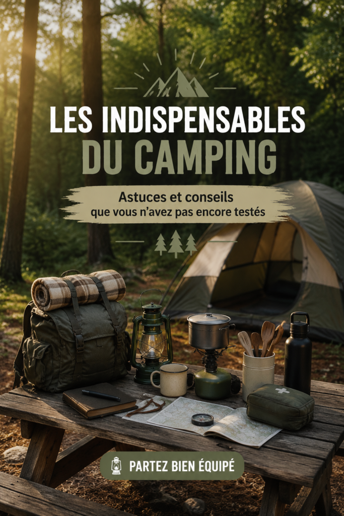 Équipement de camping bien organisé prêt pour une aventure en pleine nature.