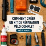 Un kit de réparation de vélo bien organisé avec des outils essentiels sur un fond de travail