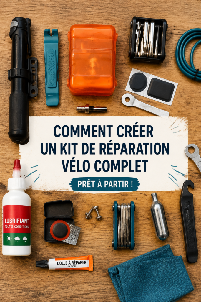 Un kit de réparation de vélo bien organisé avec des outils essentiels sur un fond de travail