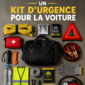 Un kit d'urgence automobile bien équipé sur un fond de voiture.