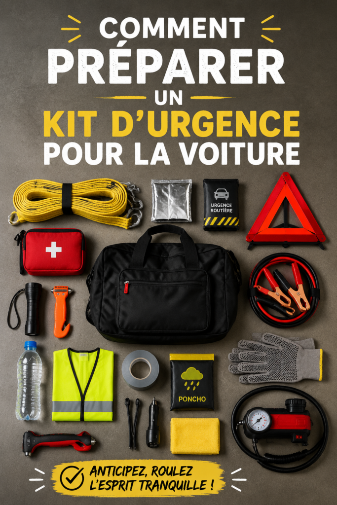 Un kit d'urgence automobile bien équipé sur un fond de voiture.