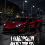 Lamborghini Aventador SVJ en exposition, mettant en avant son design élégant.