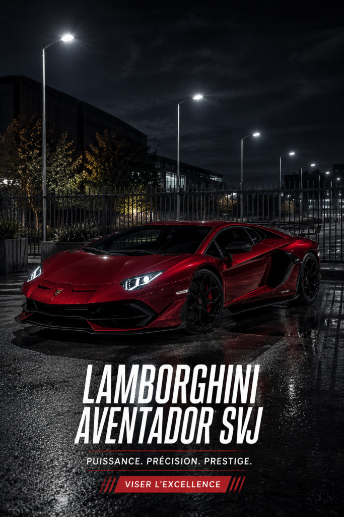 Lamborghini Aventador SVJ en exposition, mettant en avant son design élégant.