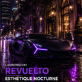 Vue avant de la Lamborghini Revuelto illuminée dans un style cyberpunk, mettant en avant son design futuriste.