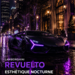 Vue avant de la Lamborghini Revuelto illuminée dans un style cyberpunk, mettant en avant son design futuriste.