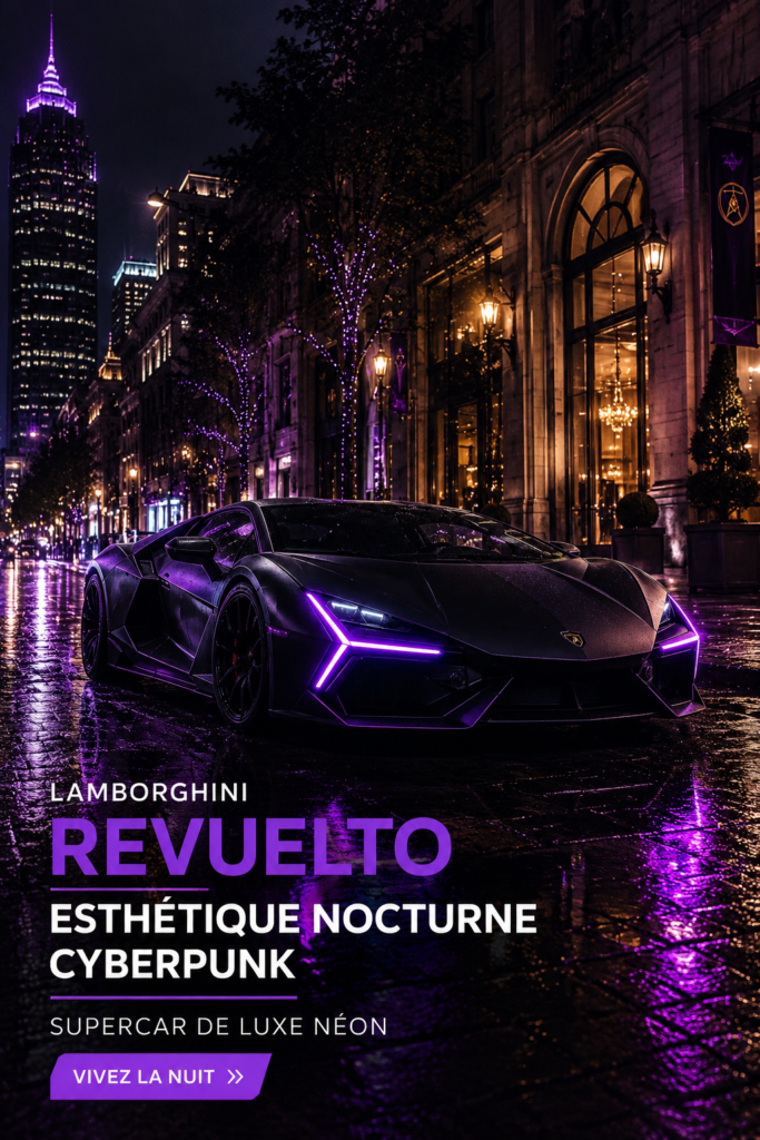 Vue avant de la Lamborghini Revuelto illuminée dans un style cyberpunk, mettant en avant son design futuriste.