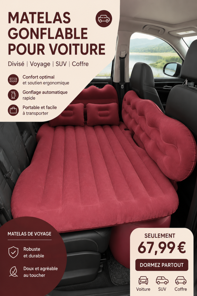 Matelas de voiture gonflable installé dans un SUV, prêt pour un voyage confortable.