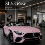 Image de la Mercedes AMG SL63 rose, une voiture de luxe au design élégant.