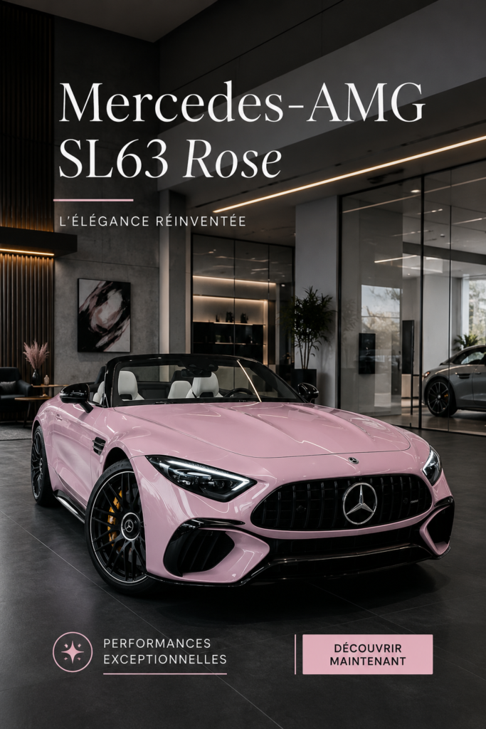 Image de la Mercedes AMG SL63 rose, une voiture de luxe au design élégant.
