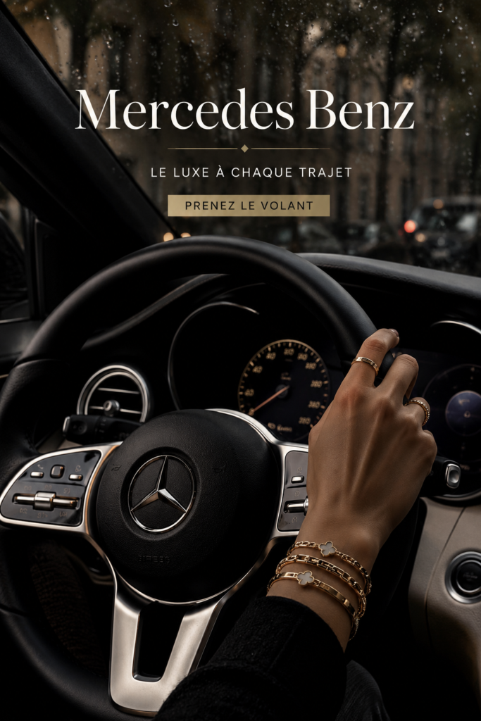 Vue d'une berline Mercedes-Benz brillante dans un environnement urbain.