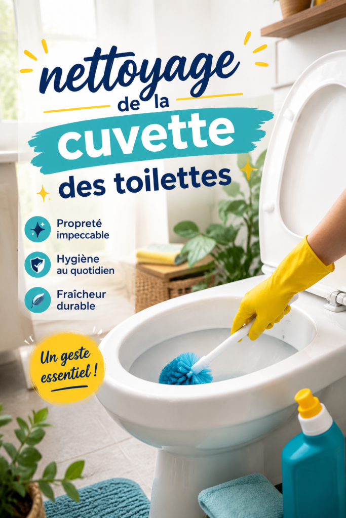Femme nettoyant une cuvette de toilettes avec des produits écologiques.