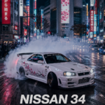 Vue dynamique d'une Nissan 34 en pleine manœuvre de drift sur circuit