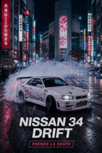 Vue dynamique d'une Nissan 34 en pleine manœuvre de drift sur circuit